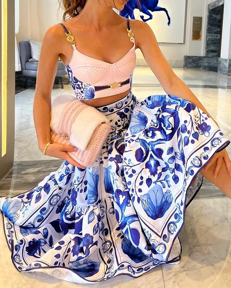 Runway Beach Wear Blue White Porcelain Print Floral Large Swing Straps Short Tops A Line Skirts Dress Two Piece Set Women 240729