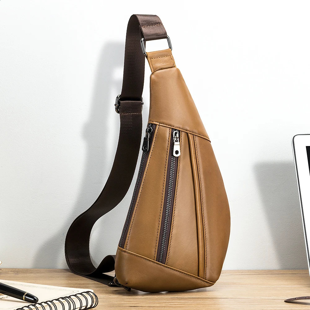 Genuine leather mens chest bag cowhide chest bag creative single shoulder crossbody bag 240729