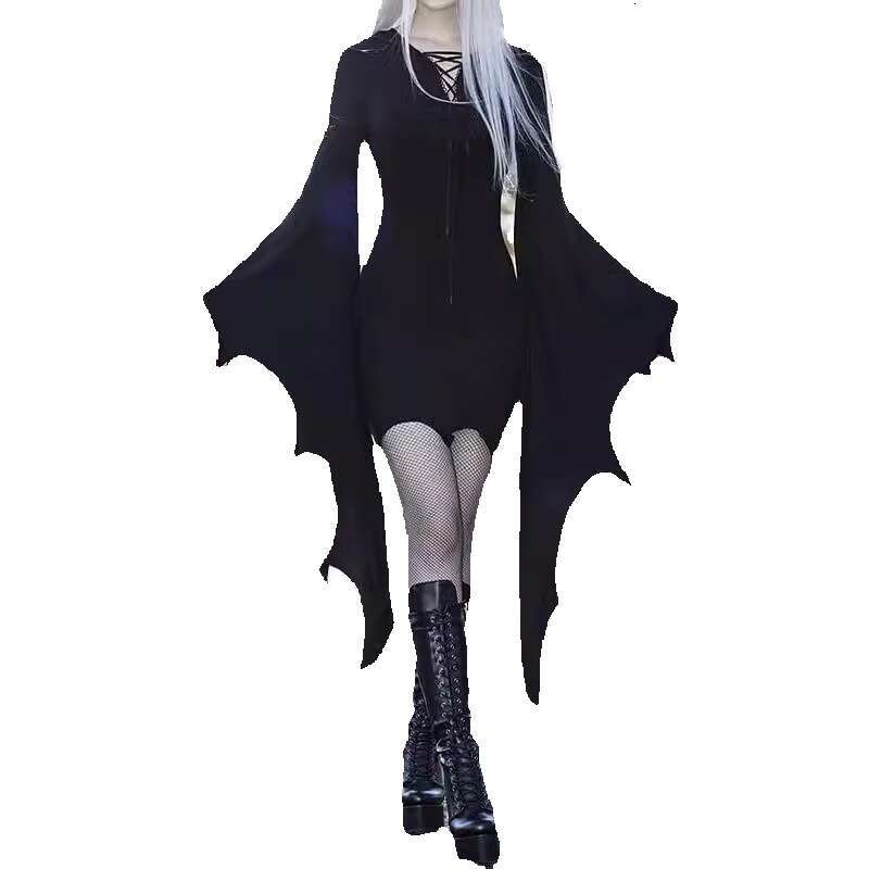 2024 Halloween New Gothic Style Womens Solid Color Irregular Strap Bat Sleeve Dress Long Summer Dress Self-cultivation Sexy Novelty Short Bifurcated L