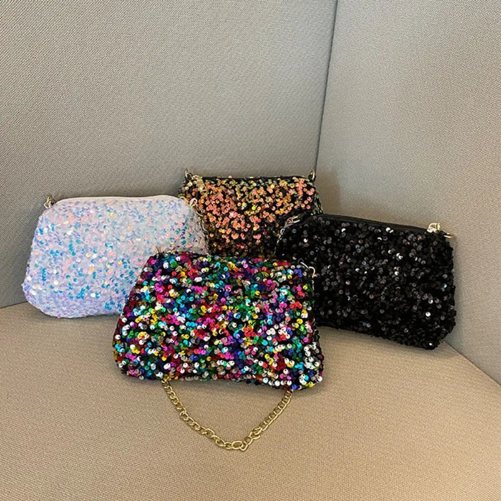 Solid Color Sequins Crossbody Bag Simple Chain INS Small Square Handbag Underarm Evening Clutch Female 240729