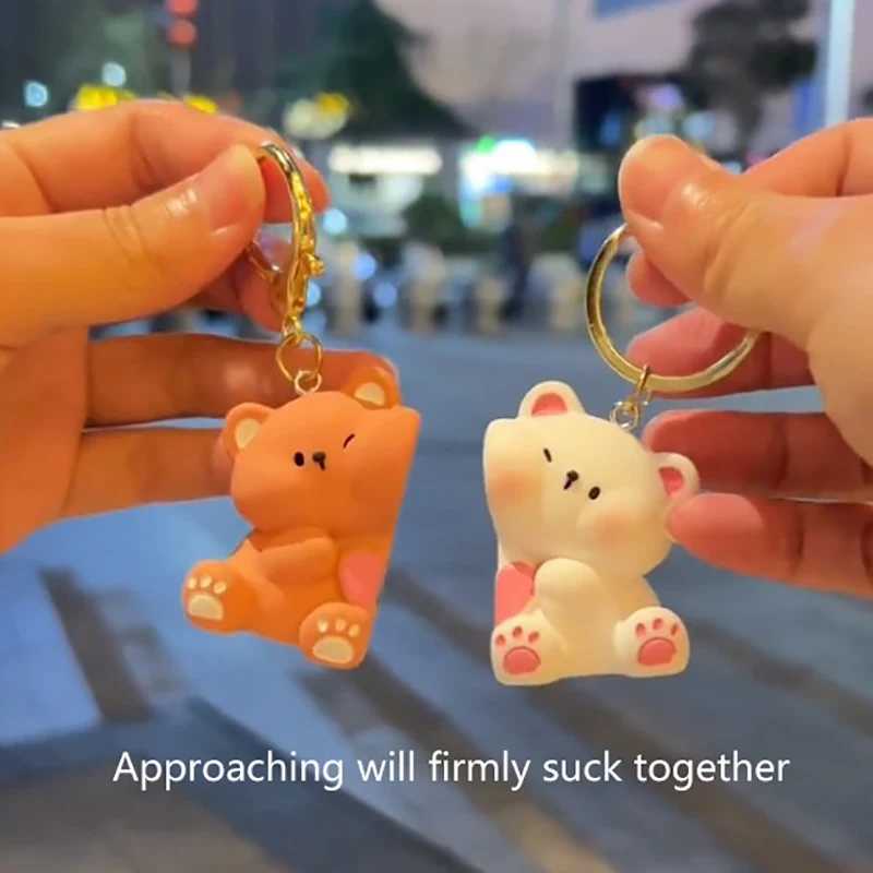 1Pair Cute Cartoon Love Bear Magnetic Suction Keychain Pendant Creative Bag Decoration Accessories Kawaii Couple Keyring GiftsL240729