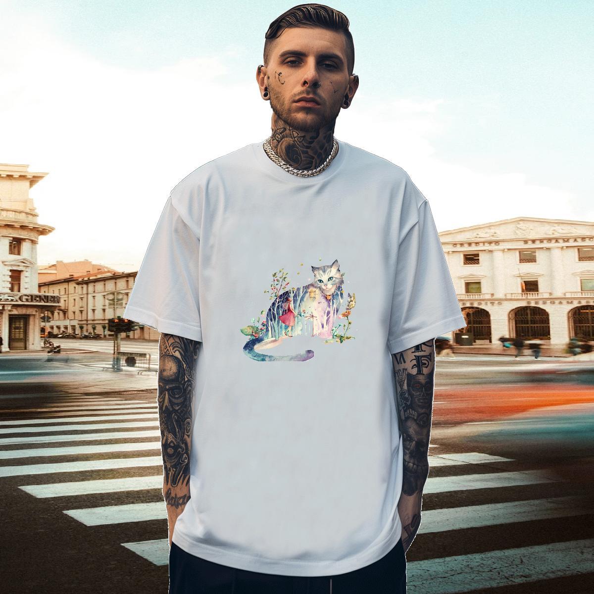 Loose Mens Tshirts 230g Cotton Casual Beach cute Anime Print Pure Cotton DIY Men T Shirts Tops Shirt