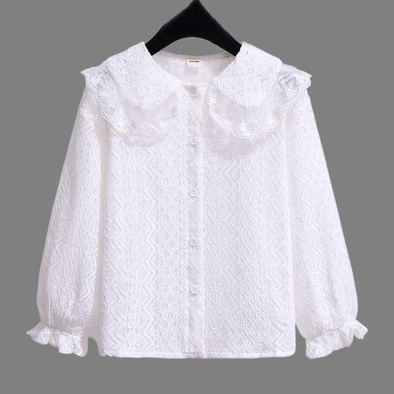 Girls white lace baby shirt top for spring and autumn childrens full sleeved white English style shirt clothing 2-8YW240729