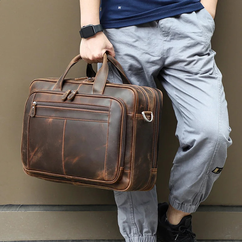 Genuine Leather Briefcase For Man Crazy Horse Leather 17 inch Laptop Business Handbag Cowhide Male Tote Big Shouler Bags 240806
