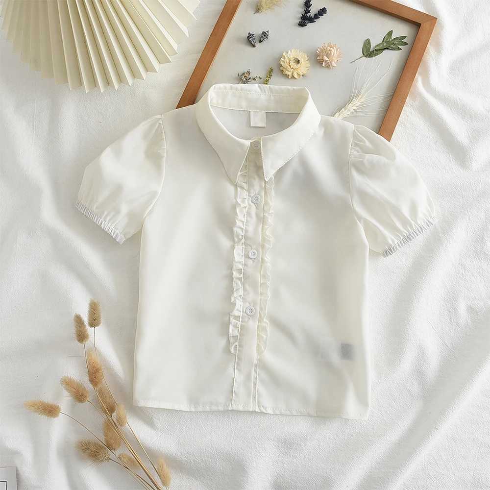 Menoea New Fashion Shirt Childrens Girls Summer Childrens Short sleeved Shirt Collar Lace Basic Shirt White ShirtW240729