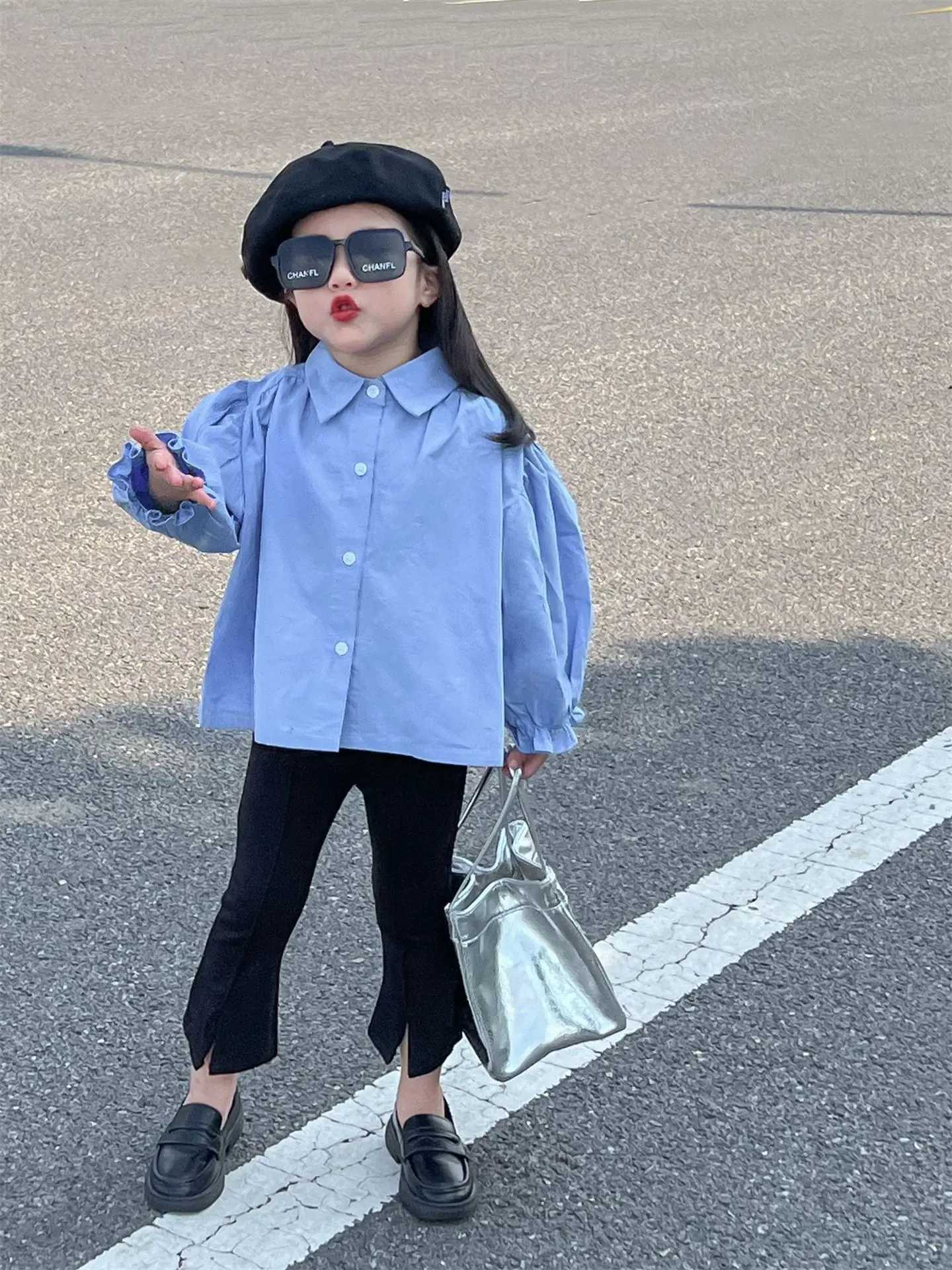 2024 Spring New Korean Childrens Clothing Womens Collar Bubble Sleeves Loose and Retro Blue Shirt Long Sleeve Doll ShirtW240729