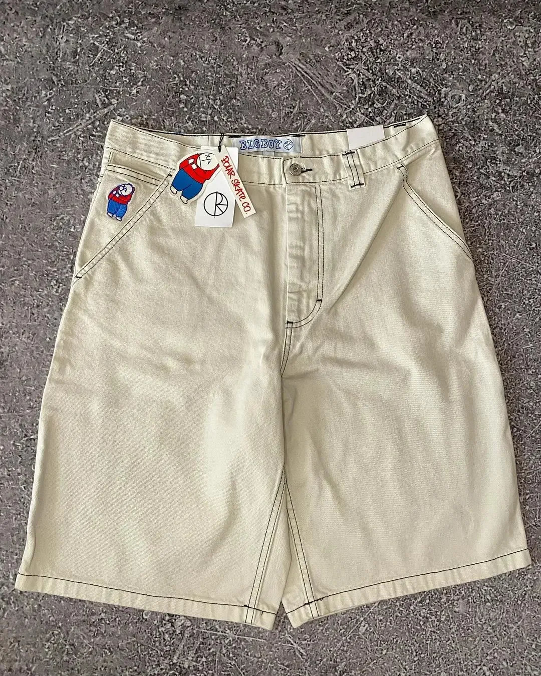 Big Boy jeans Y2K Harajuku embroidered cartoon characters white denim shorts mens and womens hip hop Gothic casual shorts 240729