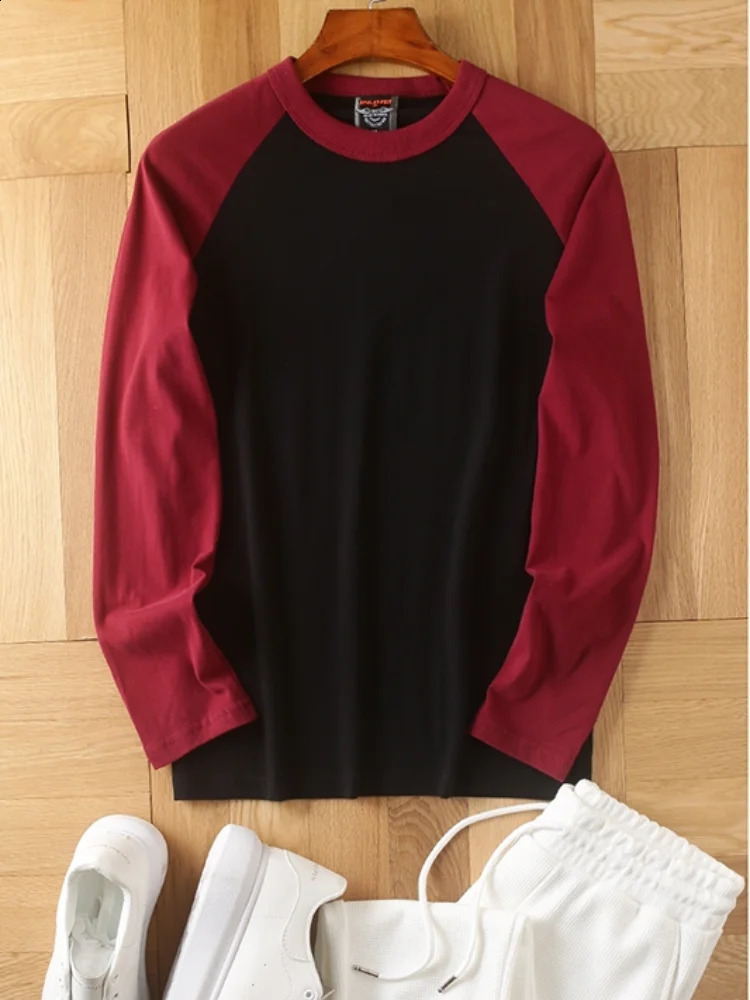 Summer American Retro Raglan Longsleeved Oneck Montage Tshirt Mens Fashion Simple 100%Cotton Washed Casual Sport Tops 240807