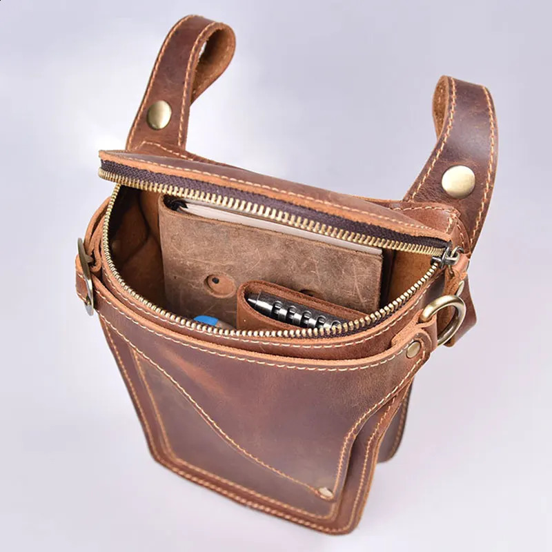 Motorcycle Bag For Men Genuine Leather Hip Belt Bag Mens Crazy Horse Waist Pack Male Hip Fanny Packs Bag Mens Phone Pouch 250103