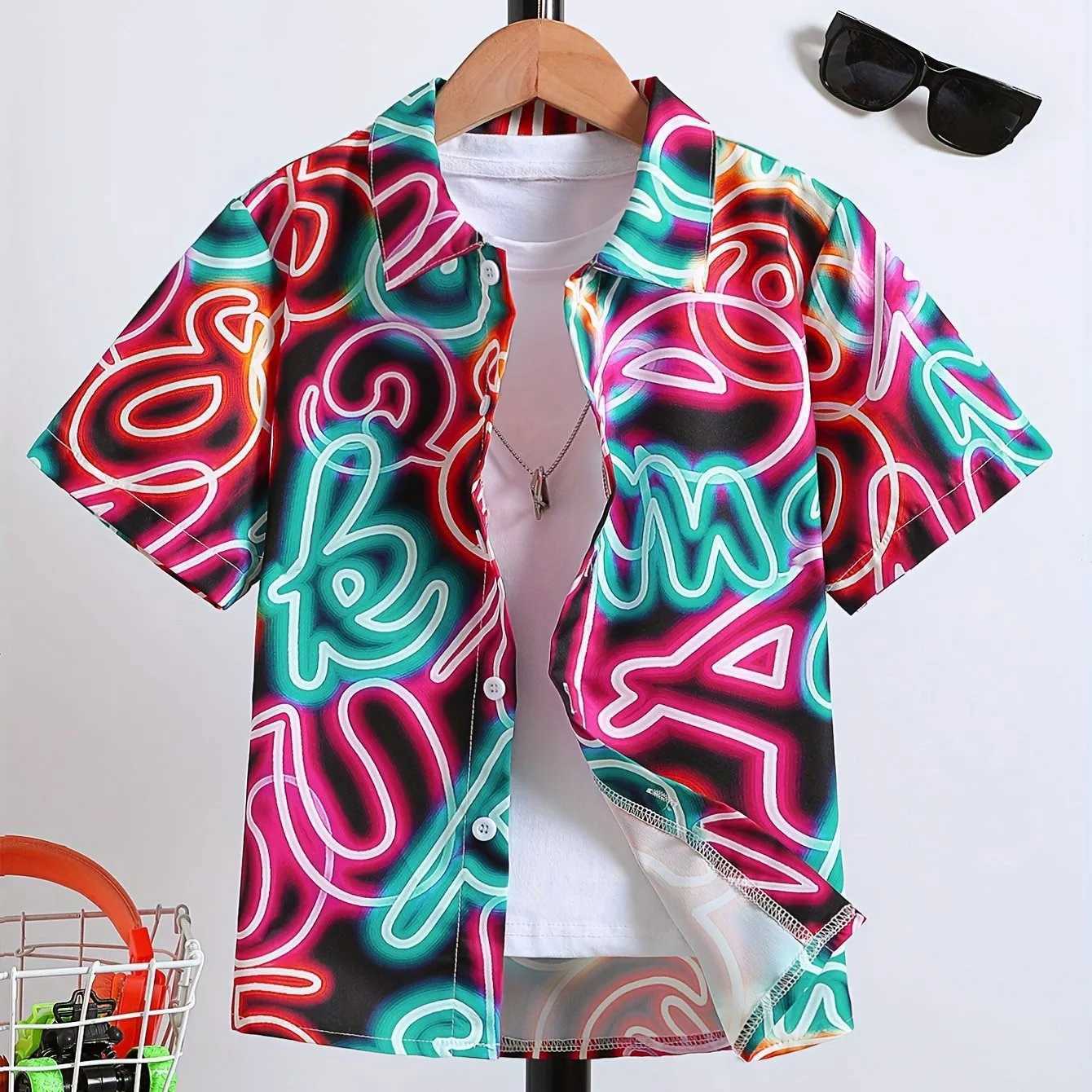 Childrens clothing boys game board pattern fashionable shirt childrens fashion clothing casual short sleeved creative T-shirt with collar topW240729