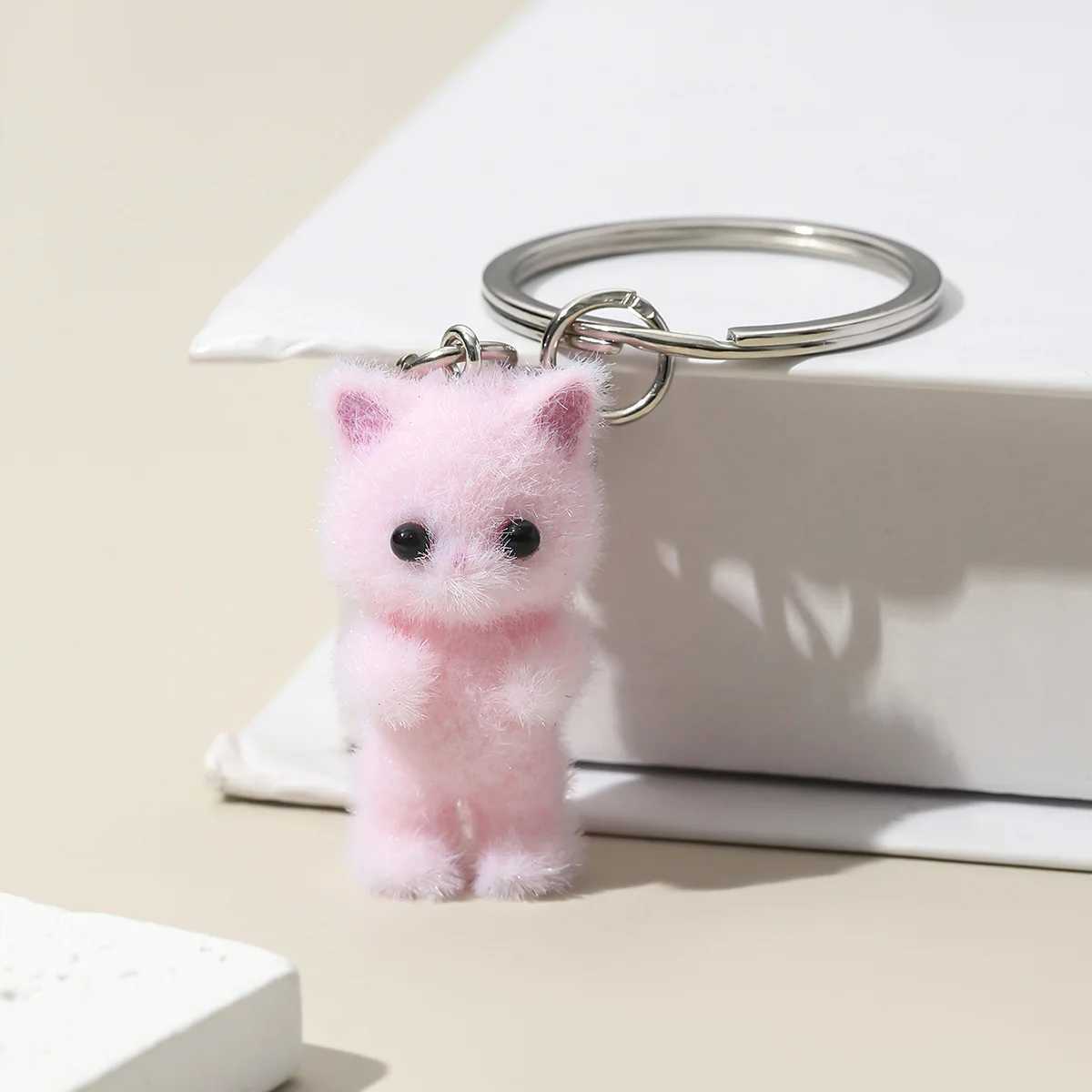 1PCS 3D Cartoon Flocking Cat Keychain Kawaii Cat Key Ring Animal Key Chains Souvenir Gifts For Women Men Car Keys DIY JewelryL240729