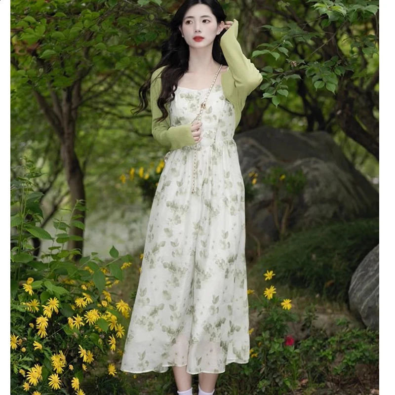 Women Summer French Print Chiffon Dress Knit Shirts Two Piece Set Lady Beach Travel Clothing Korean Dresses Suits 240729