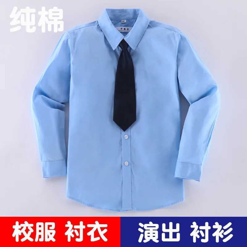 2024 Summer Spring New Boys School Shirt Sky Blue Long Sleeve Short Sleeve Shirt 100% Cotton Casual Outdoor Youth 4 to 12 Years OldW240729