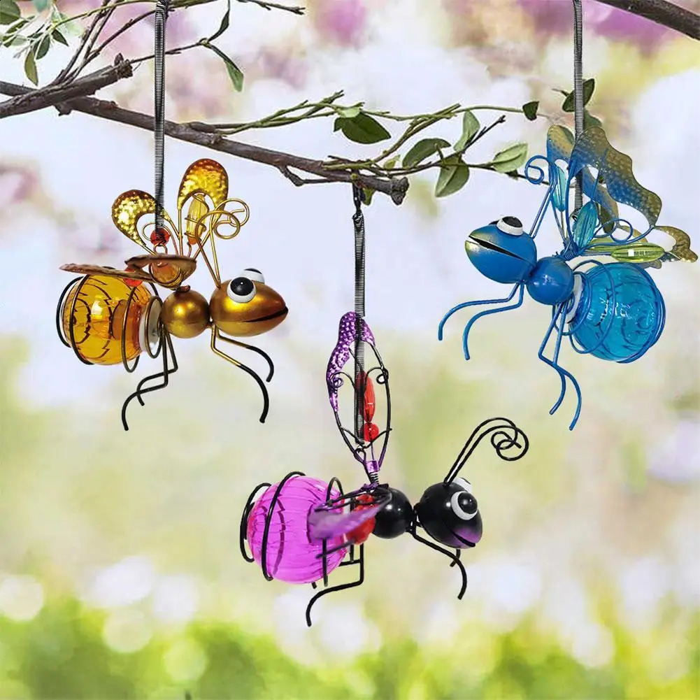 Solar Iron Insect Statue With LED Fairy Light Outdoor Waterproof Hanging Tree Ornament For Fence Yard Courtyard Garden Art Decor 240729