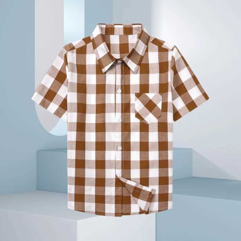 Childrens shirt boys and girls casual plain weave shirt retro outdoor short sleeved top collar shirt button design front pocket shirtW240729