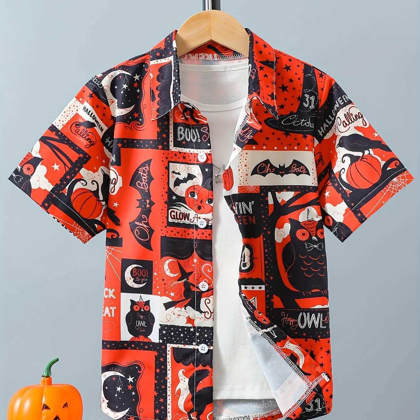 Childrens boy cartoon monster pattern top casual short sleeved fun button retro shirt summer vacation topW240729