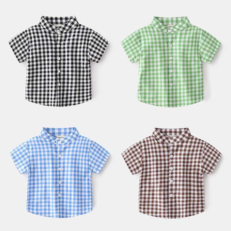 Plaid Fashion Boys Shirt Stand up Collar Childrens Summer Clothing Childrens Top Childrens ClothingW240729