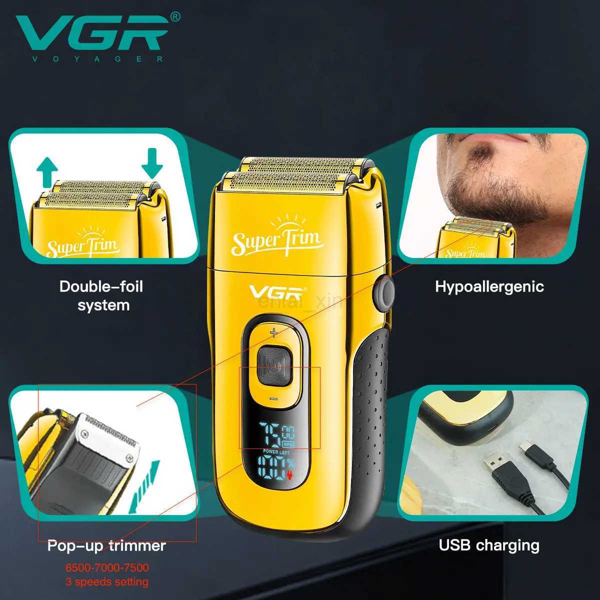 VGR V-332 Professional Metal Electric Beard Razor Trimmer Rechargeable Cordless Metal Twin Blade Foil Shaver For MenY240729 - view 7