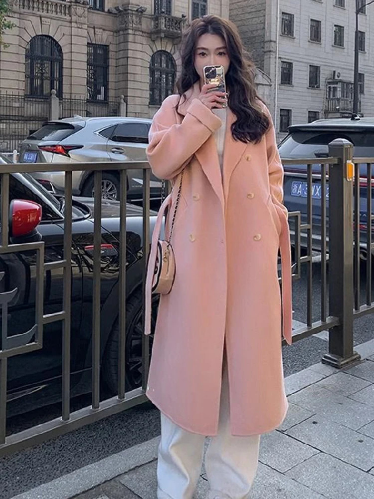 Women Jacket Lace up Simple Spring Korean Faux Woolen Full Sleeve Double Breasted Midi Coat Female Causal Loose Outwears 240729