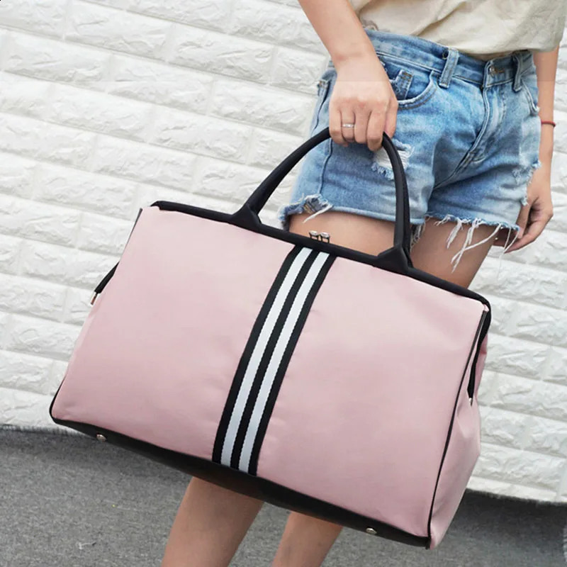 Women Overnight Weekend Fitness Bag Ladies Stripe Yaga Gym Big Travel Bag Light Men Foldable Outdoor Bags Korean XA37WB 240729