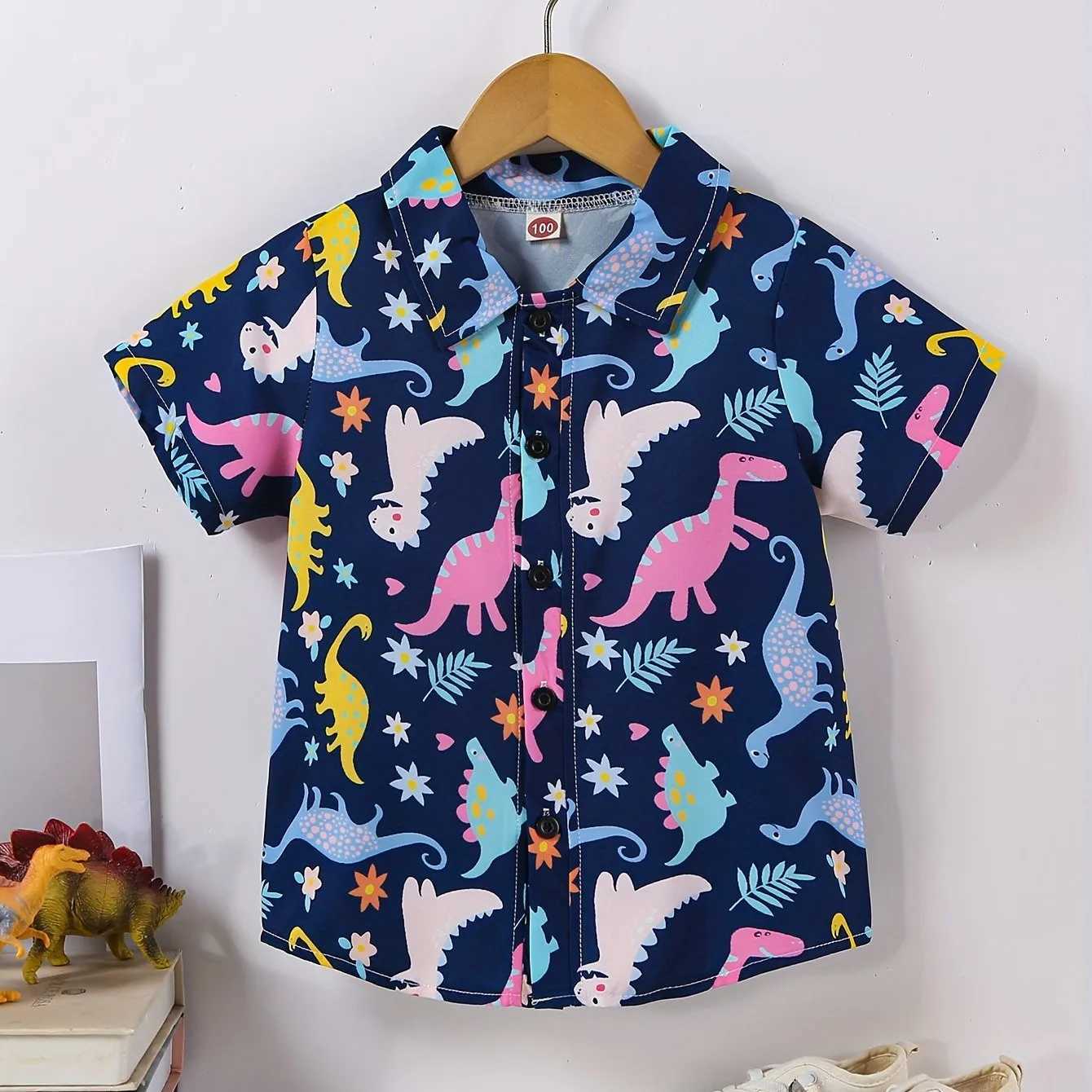 Boys and girls colorful dinosaur and leaf print button down jacket casual and creative childrens short sleeved comfortable summer vacation topW240729