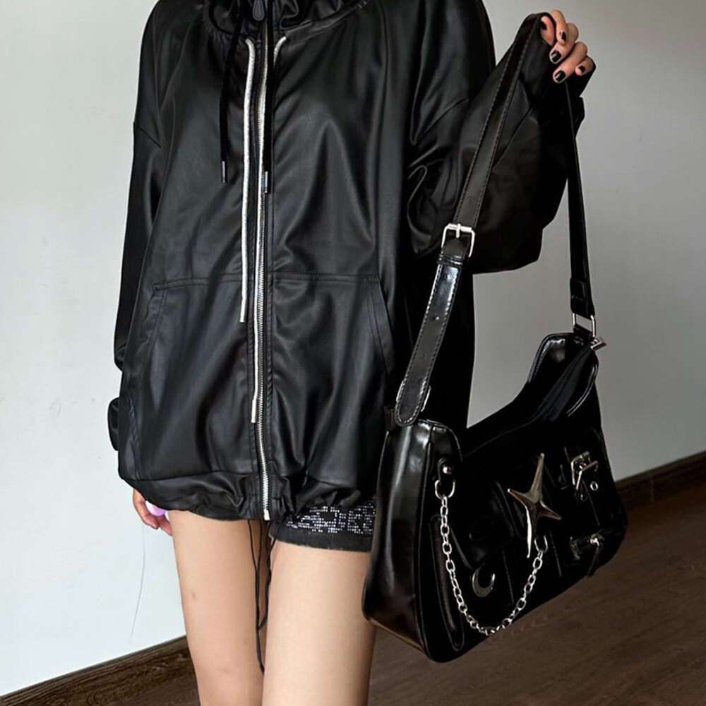 MBTI Y2k Womens Shoulder Haruku Fashion Gothic Casual Black Chains Handbag Hot Girls Pu Leather Ladies Motorcycle Bag Sac