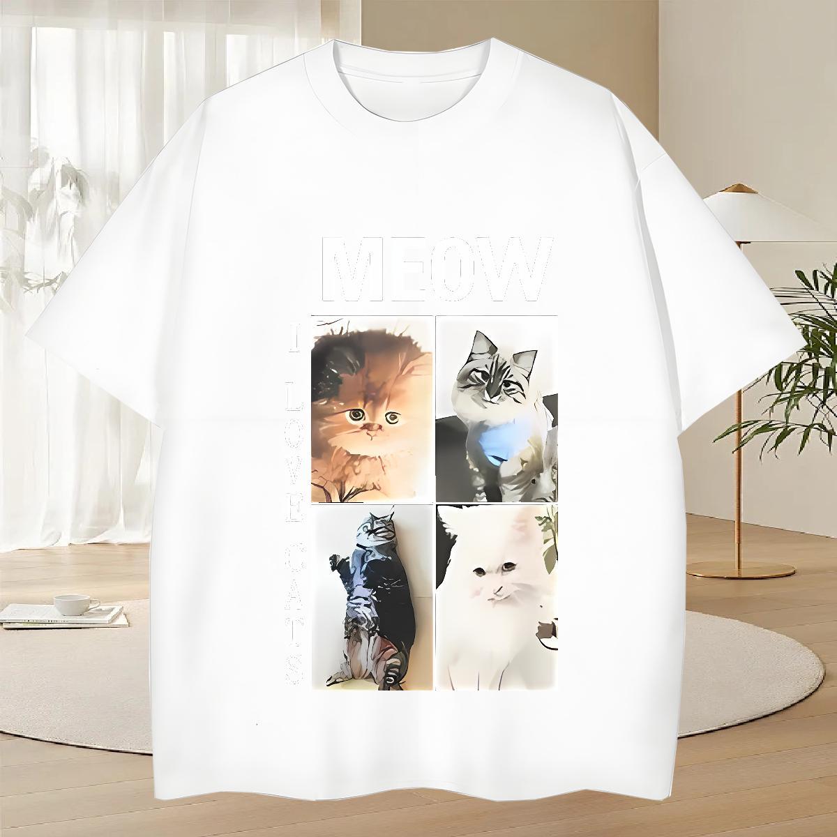 Wholesale Men Tees 100% Cotton 230g Casual Beach cat Cartoon Print Crew Neck Designer T shirt Polos