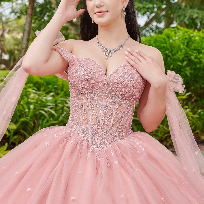 Pink Shiny Quinceanera Dresses With Cape Ball Gown Sweetheart Beading Crystal Tulle Party Princess Sweet 16 Dress vestidos de 15 anos