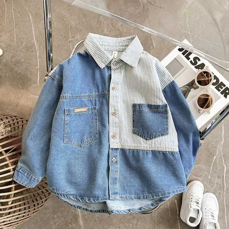 New boy striped shirt fashionable casual soft denim shirt childrens baby thin shirt jacket spring and autumn topsW240729