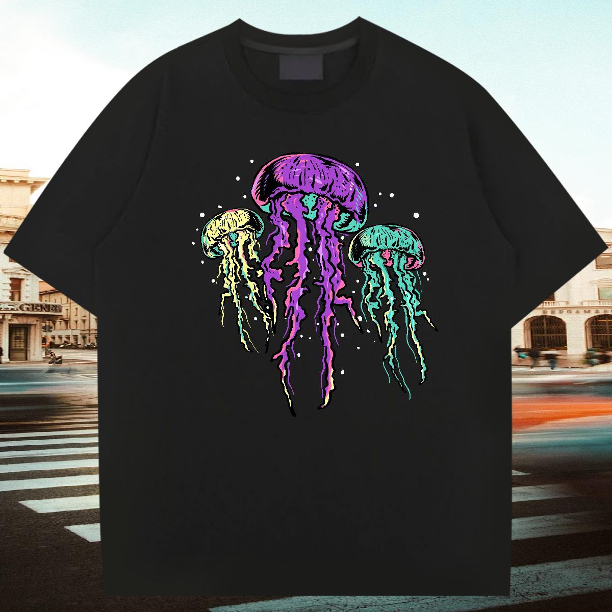 Wholesale Men Tshirts 100% Cotton 230g Casual Daily Wear jellyfish DIY Logo Oversized Crew Neck Breathable 2024 Summer Man T Shirts Clothes