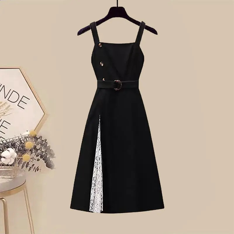 Spring and Autumn Season Set Womens Korean Edition Slimming Cardigan Black Slippery Dress Two Piece Trendy 240729