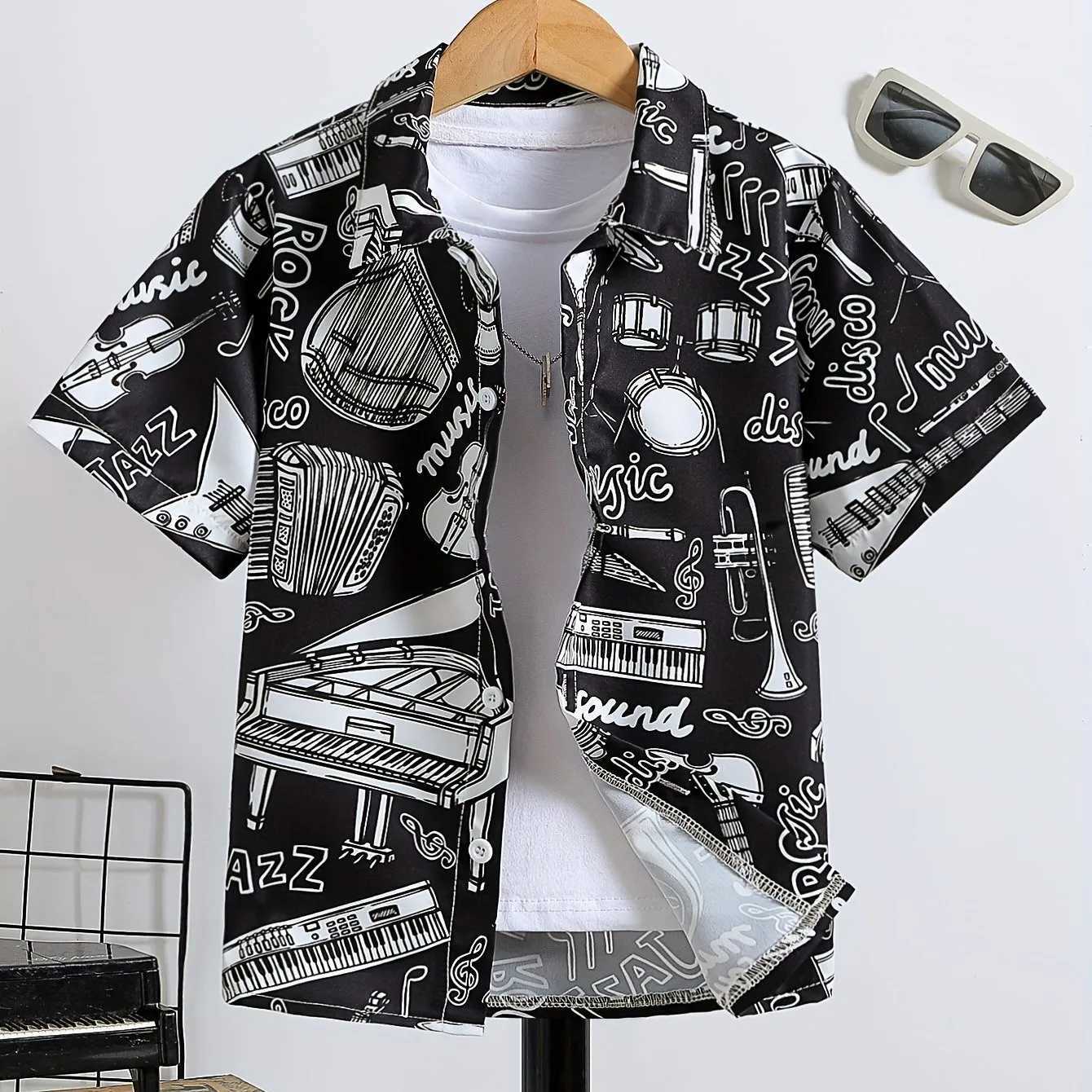 Childrens boy cartoon monster pattern top casual short sleeved fun button retro shirt summer vacation topW240729