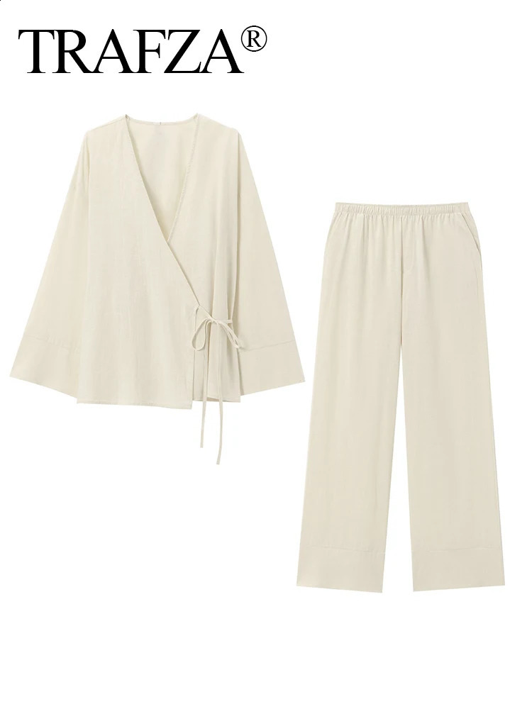 TRAFZA Women Solid Lace Up Textured Shirt Pants Set Long Sleeve Vneck ShirtsLoose High Waist Wide Leg Trousers Outfit traf 240801