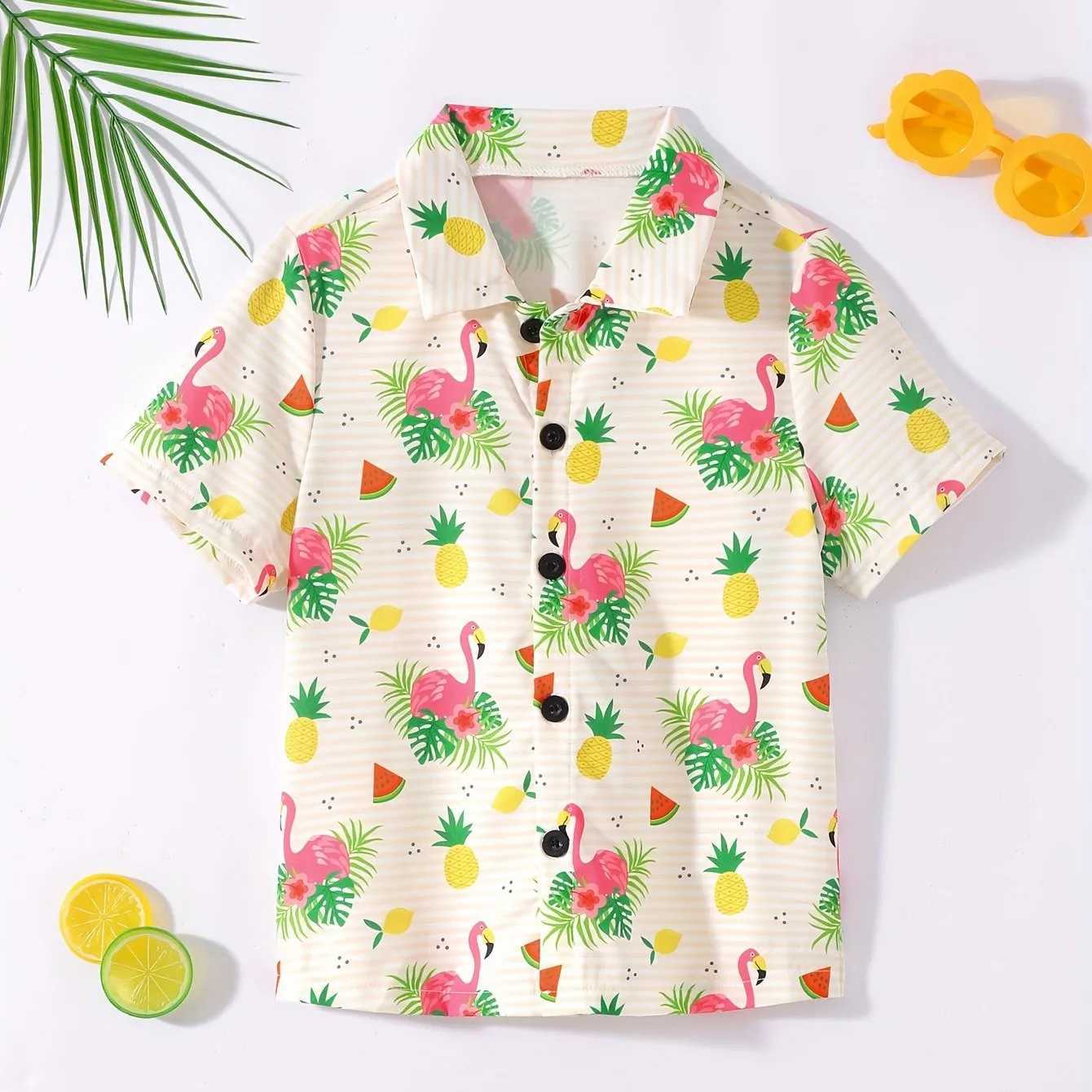 Fruit cherry and banana printed boys creative shirt casual short sleeved collar cool shirt top girls summer outdoor clothingW240729
