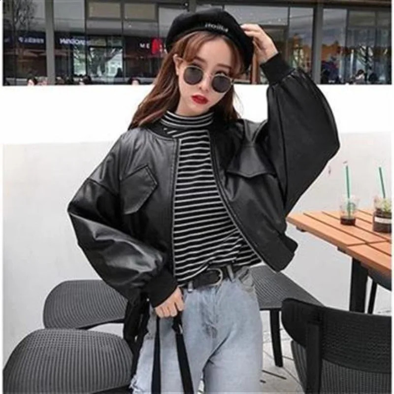 High Waist Short Length Bomber Jackets Women Zippers Leather Outerwear Korean Preppy Style Y2k Casual Coats Moto Biker Black 240723