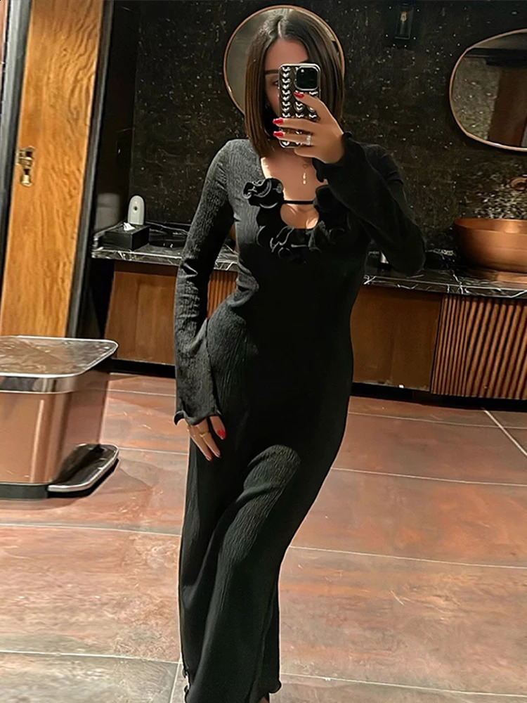 3d Floral V-neck Women Maxi Dress Solid Long Sleeve Split Slim Female Dresses 2024 Spring Summer Beachwear Ruffles Lady Robe 240729
