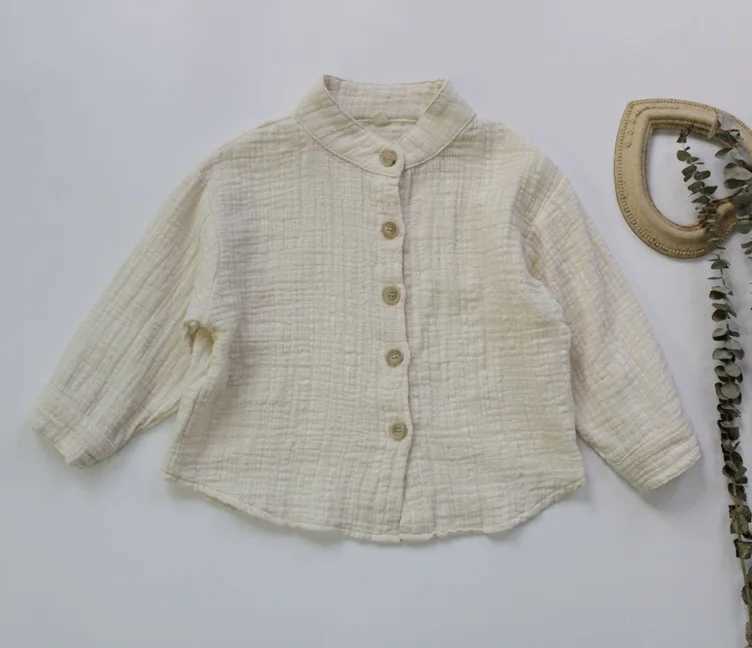 New 2023 Autumn Boys Cotton Linen Shirt Solid Color Korean Stand Collar Childrens Long Sleeve Shirt TopW240729