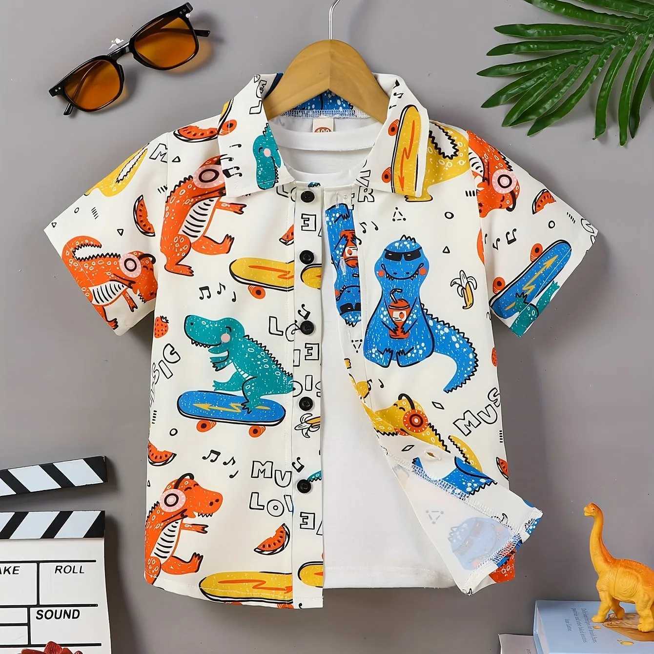 Childrens clothing creative cartoon pattern shirt for girls and boys casual short sleeved collar shirt top for boys daily summer clothingW240729