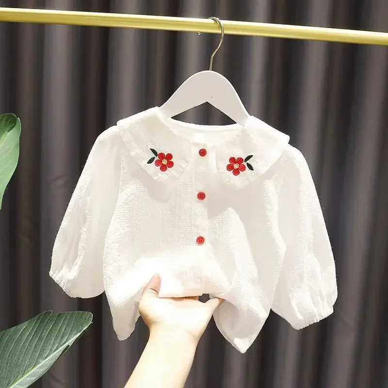 Girls Shirt Spring/Summer 2023 New Polo Neck Cotton Long sleeved White Shirt Girls Childrens TopW240729