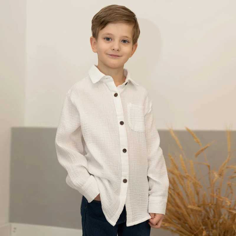 Linen cotton white shirt 2024 boys and girls summer T-shirt new childrens comfortable top T-shirt childrens clothing button up shirtW240729
