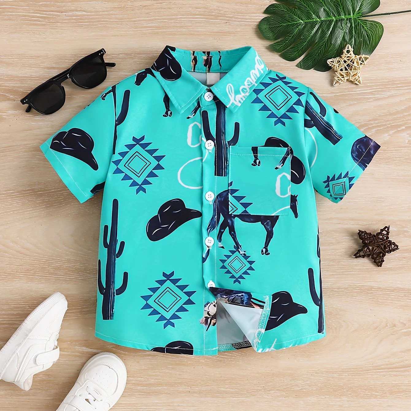 Boys casual short sleeved shirt printed summer fashion themed colorful pattern top childrens boys clothingW240729