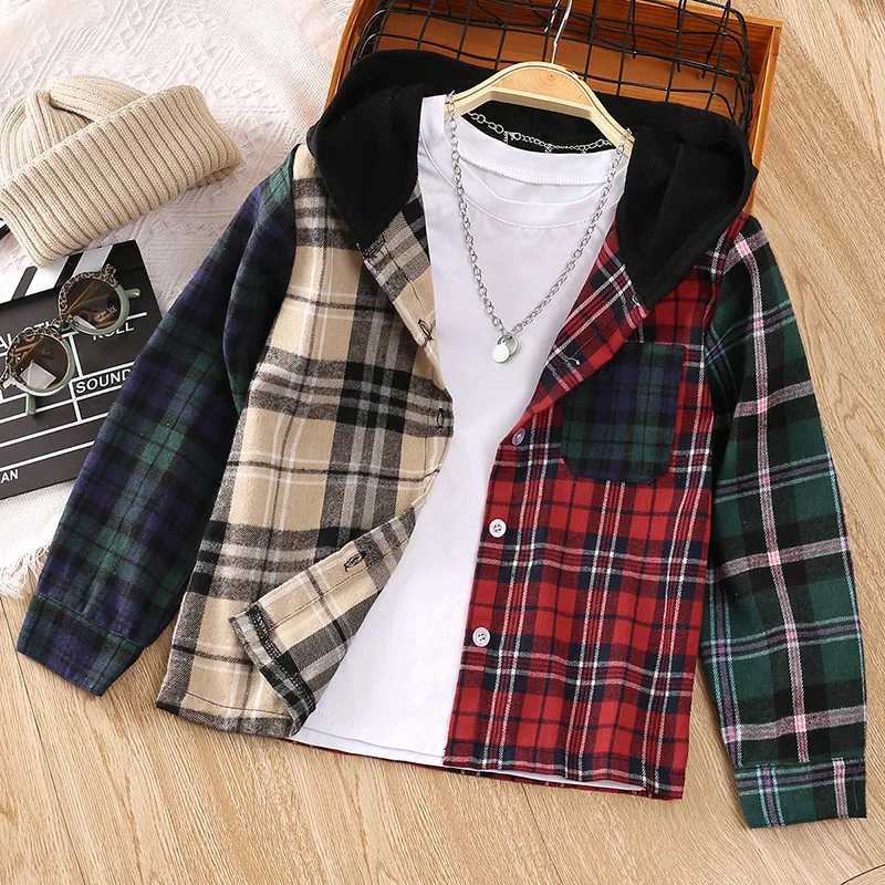 Children aged 5-12 years old multi-color checkered shirt hooded shirt fashionable boys casual shirtW240729