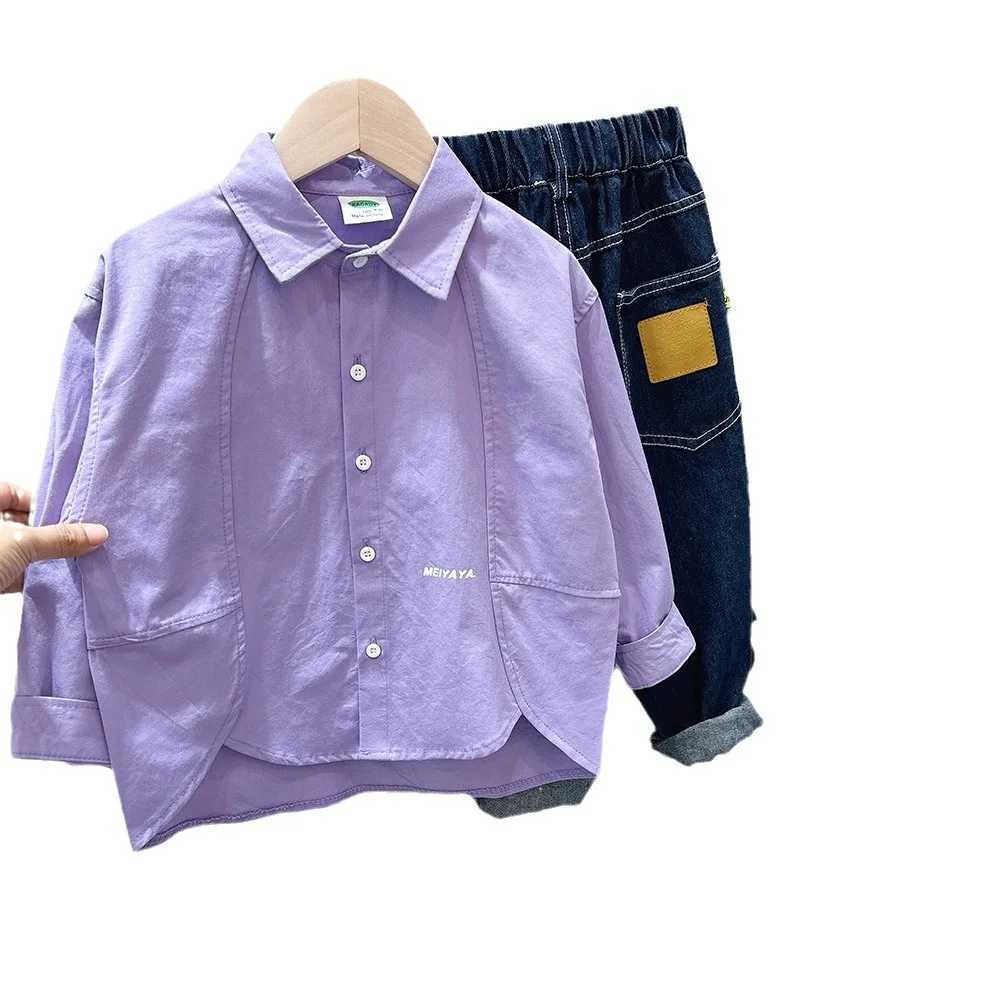 Spring and autumn childrens shirt with solid collar and single chest long sleeved student shirtW240729