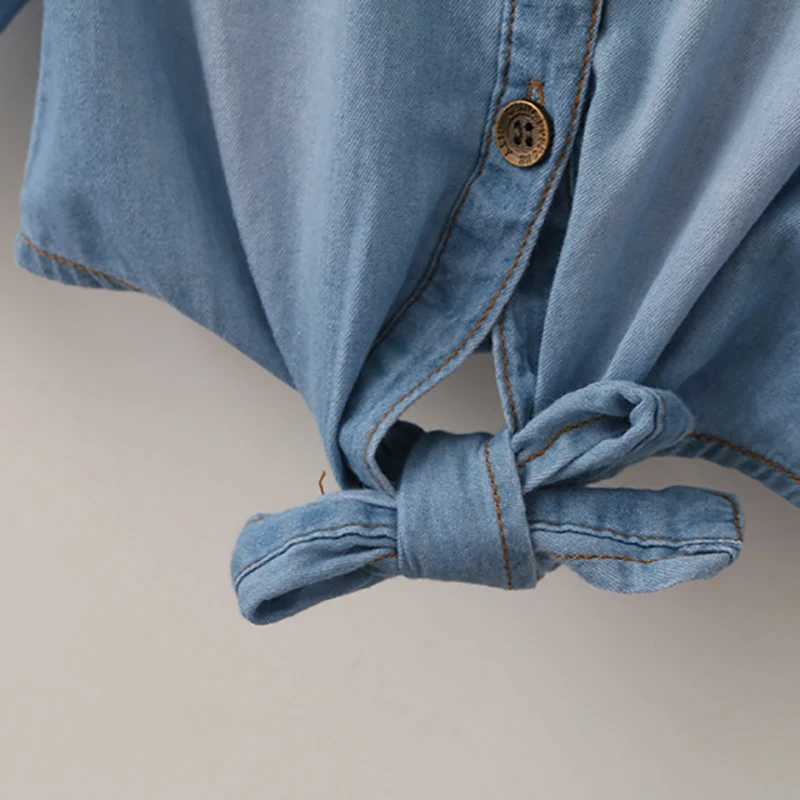 Girls autumn denim shirt casual ruffled shirt childrens tie and knot shirt childrens baby girl long sleeved shirt childrens clothing springW240729