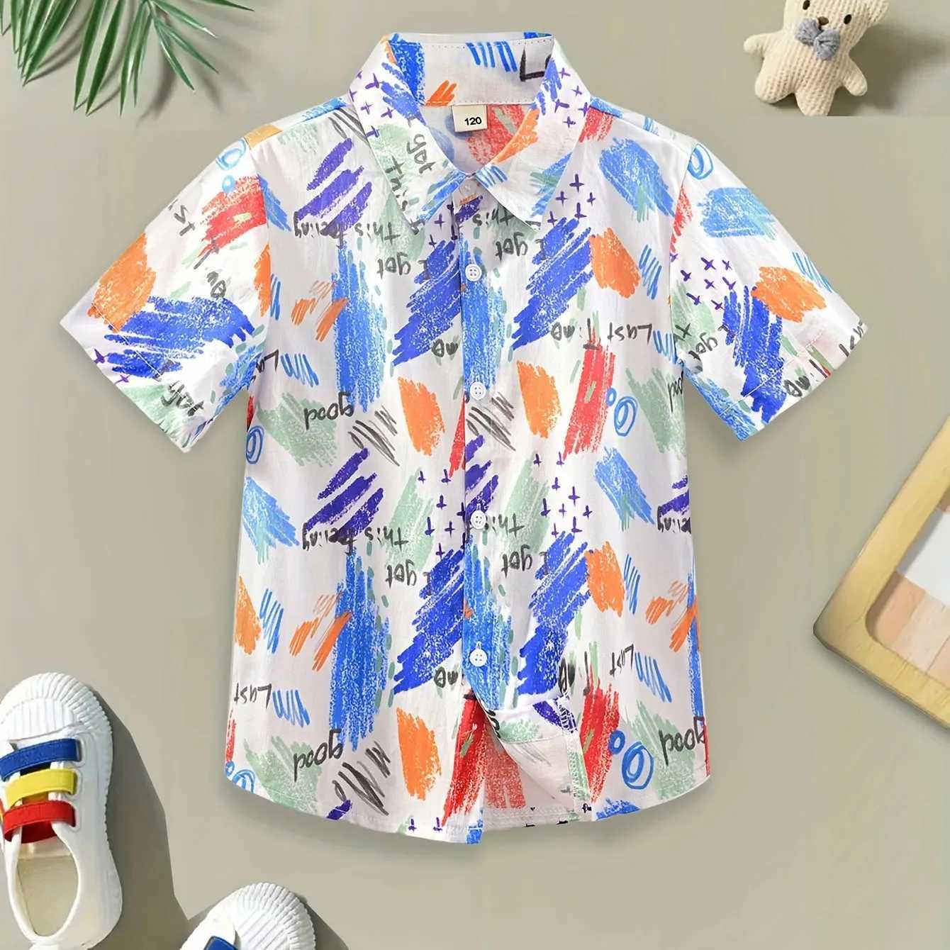 2024 Childrens Clothing Girls Shirt Tropical Coconut Tree Pattern Shirt Boys Fashion Short sleeved Top Collar ShirtW240729