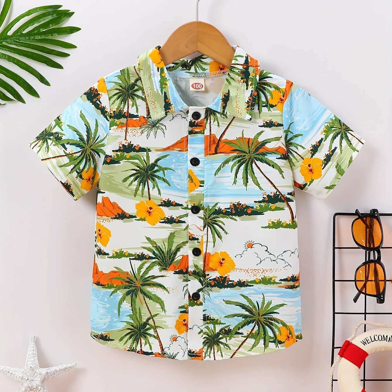 2024 Childrens Clothing Boys Summer Beach and Palm Tree Theme Graphic Full Print Shirt Casual Lightweight Short Sleeve TopW240729