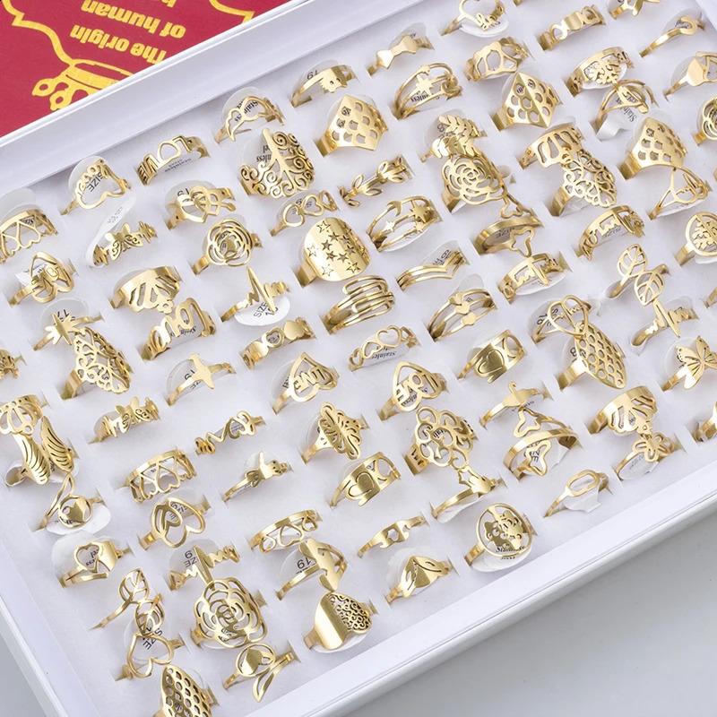 100 pieces of stainless steel carved rings mens and womens fashionable charm jewelry gifts hollow flower finger wholesale batch 240723