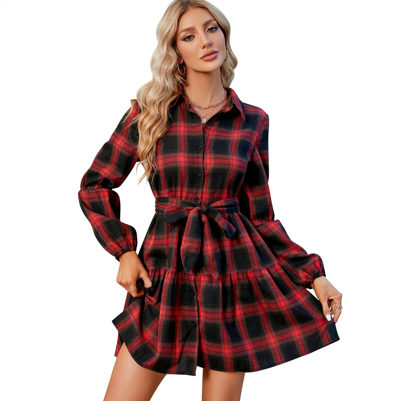 2024 Women Dress Spring Summer Long Sleeve Dress Female Single-breasted Plaid Dress Women Belt Pleated Dress Vintage Clothing 240729