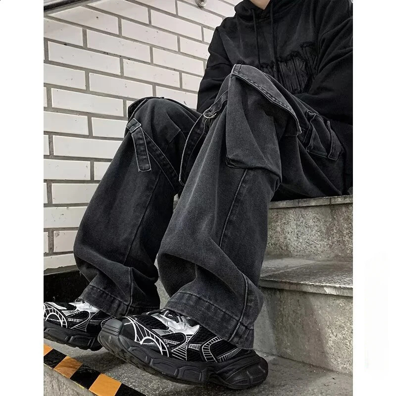 Mens Y2k Jeans Spring American Retro Bagged Jeans Wash Wide Leg Straight Jeans Street Clothing Denim Mens Trousers 240829
