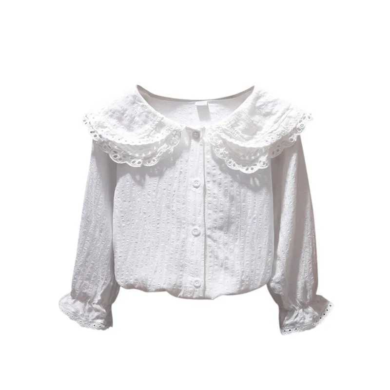 Girls fashionable white shirt childrens new lapel shirt flash sleeve top childrens long sleeved lace casual shirtW240729